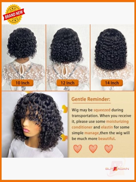 Short Human Hair Wig with Bangs Brazilian Non Lace 150 Density Curly Bob